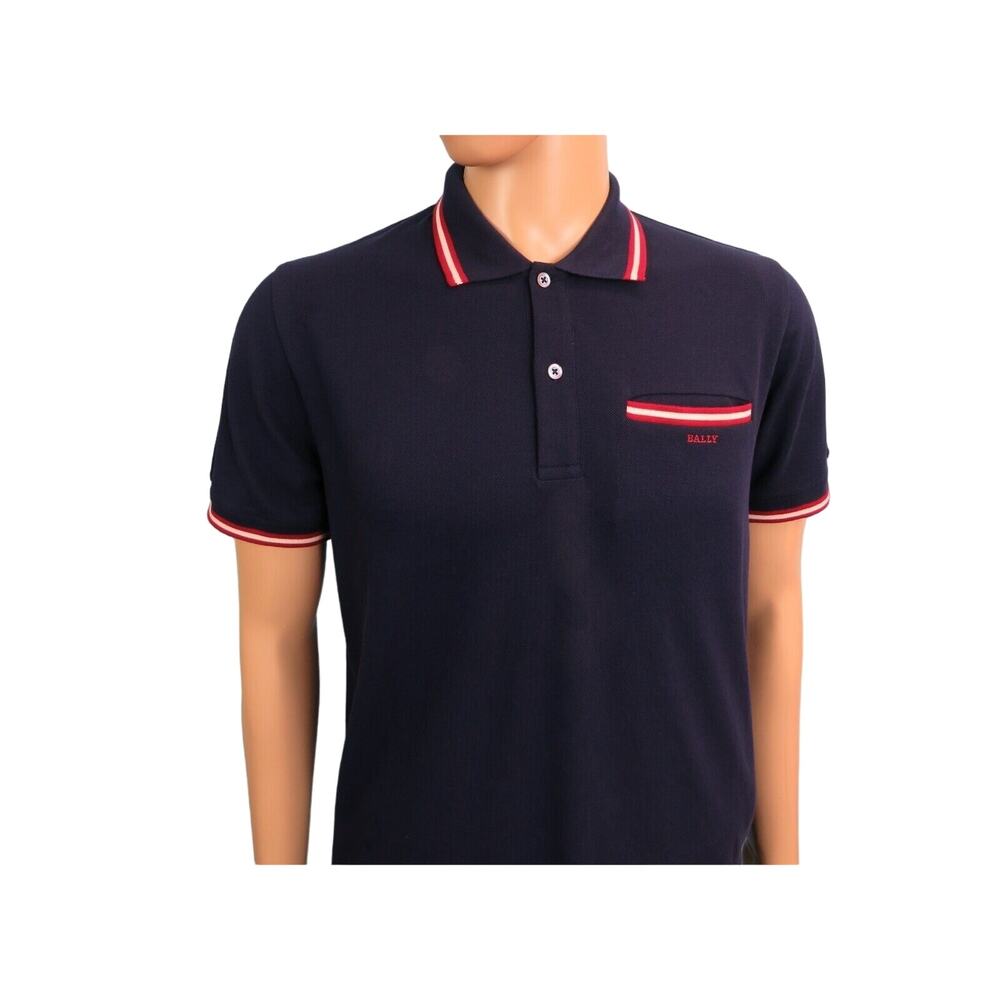 BALLY BLUE COTTON PIQUET WEB COLLAR POCKET BUTTON RED LOGO POLO T SHIRT 50 40